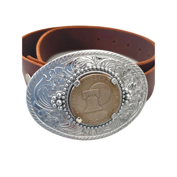 Vtg Liberty Bell Silver Dollar USA Leather Brown Leather Unisex Belt Sz 34 - Picture 1 of 7
